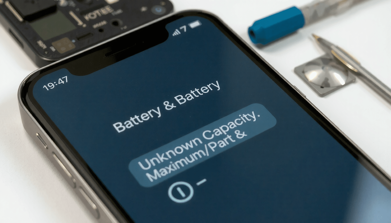 iPhone displaying unknown part warning message for third-party battery replacement in settings