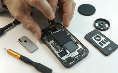 iPhone battery replacement process showing new battery being installed in opened smartphone