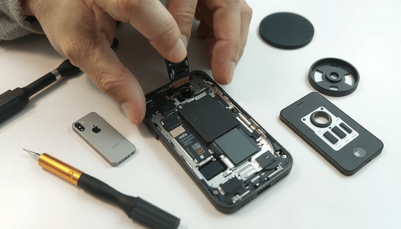 iPhone battery replacement process showing new battery being installed in opened smartphone